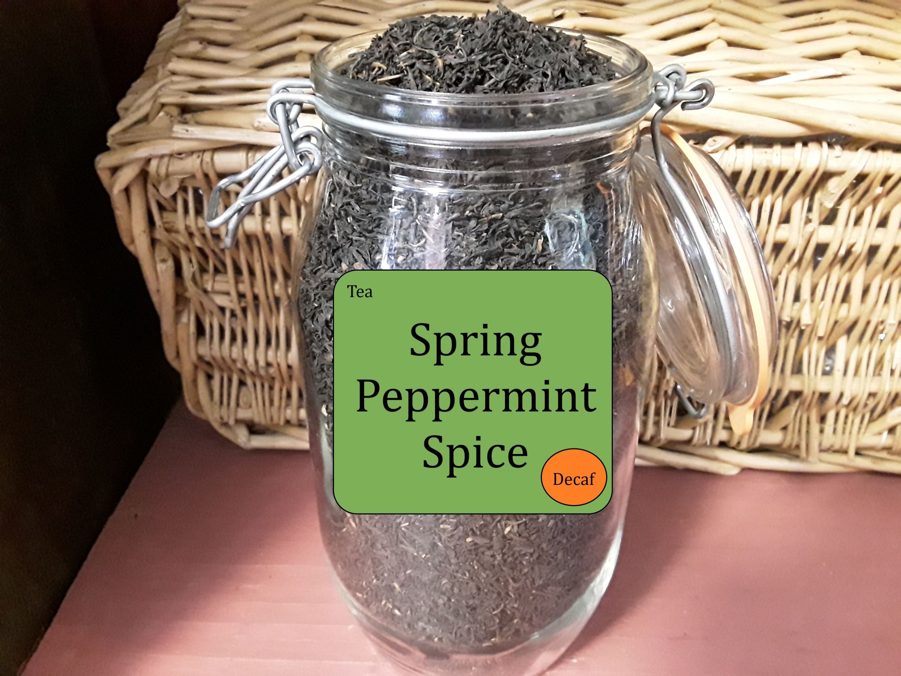 Decaf Spring Peppermint Spice Black loose leaf tea. For sale by the 1/2